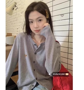 上衣 灰色可爱甜美刺绣长袖 毛衣开衫 外套女秋季 宽松显瘦休闲针织衫