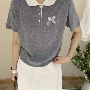 翻领拼色针织衫 女装 短袖 2025夏季 宽松百搭上衣 新品 蕾丝蝴蝶结薄款