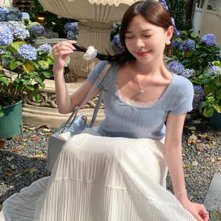 蕾丝镂空方领短款 韩系蓝色针织短袖 薄款 t恤女夏季 小上衣 2025新款