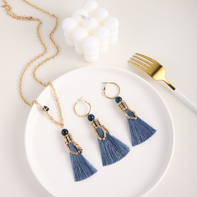 Women's Vintage Boho Tassel Pendant Necklace Earrings Set