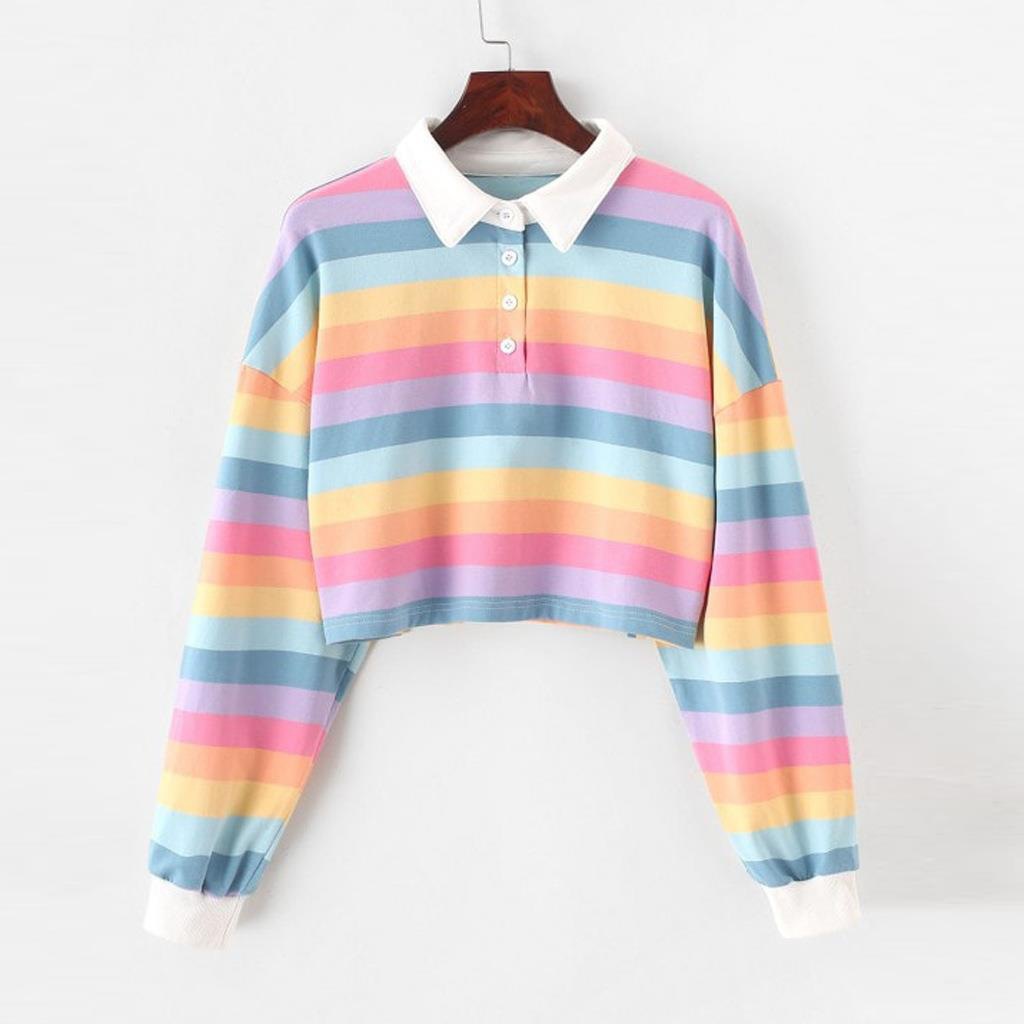 Rainbow Striped Polo Shirt Girl Crop Top Long Sleeve T shirt