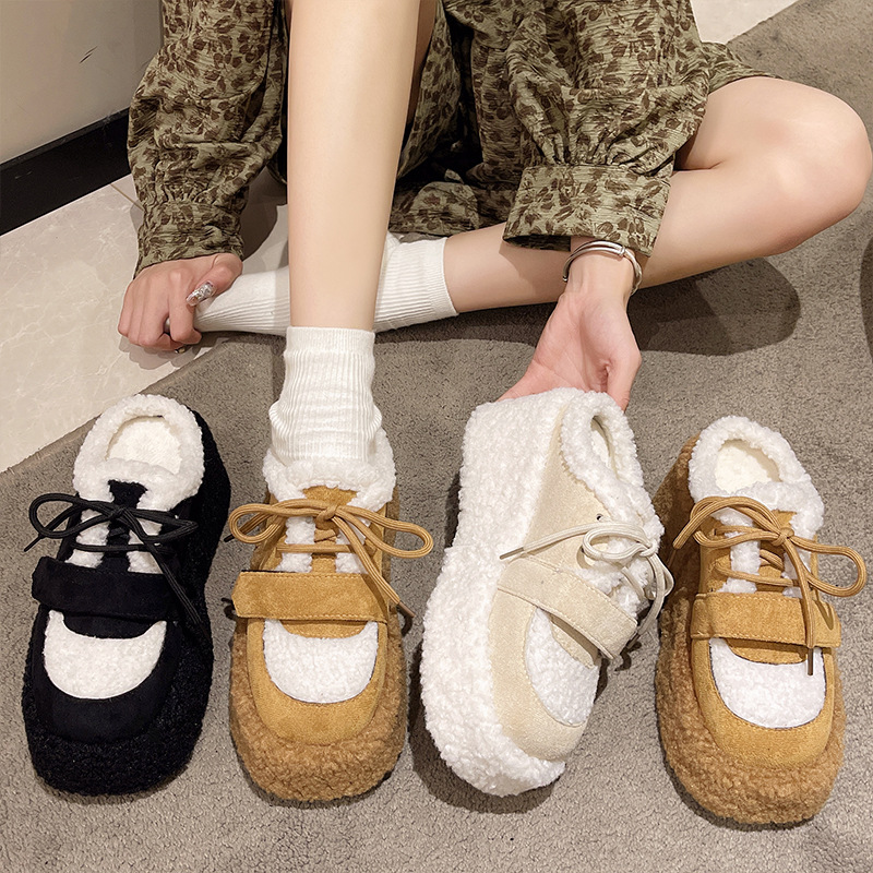羊羔毛厚底松糕棉鞋女2023冬季新款小个子增高毛毛加绒包头半拖鞋