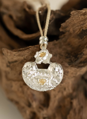 国风足银9999牡丹平安锁项链