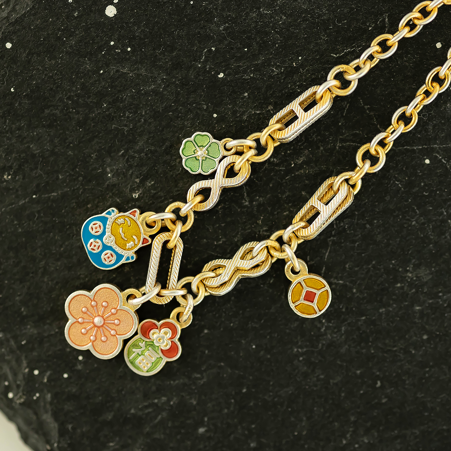 满载 足银999复古珐琅桃花招财猫吉言花朵手链新中式百搭纯银实心