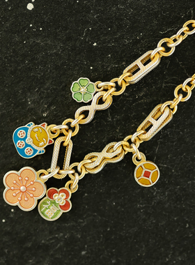 满载 足银999复古珐琅桃花招财猫吉言花朵手链新中式百搭纯银实心