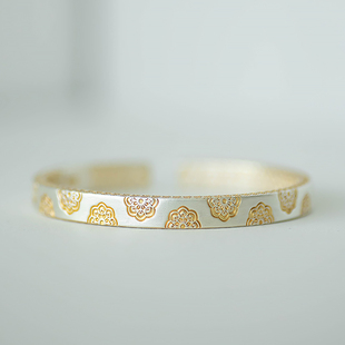 秀林 宝相花足银9999实心纯银国风新中式开口手镯描金轻奢复古