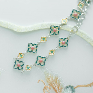 天穹花 描金四叶草轻奢 纯银足银9999滴釉珐琅花朵手链女新中式