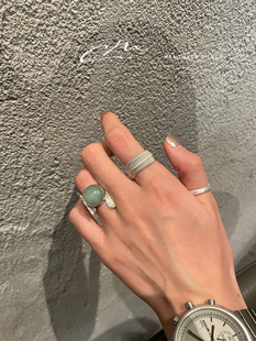 ChaliMizi原创 纯手工植物纹理青玉s925纯银小众设计戒指