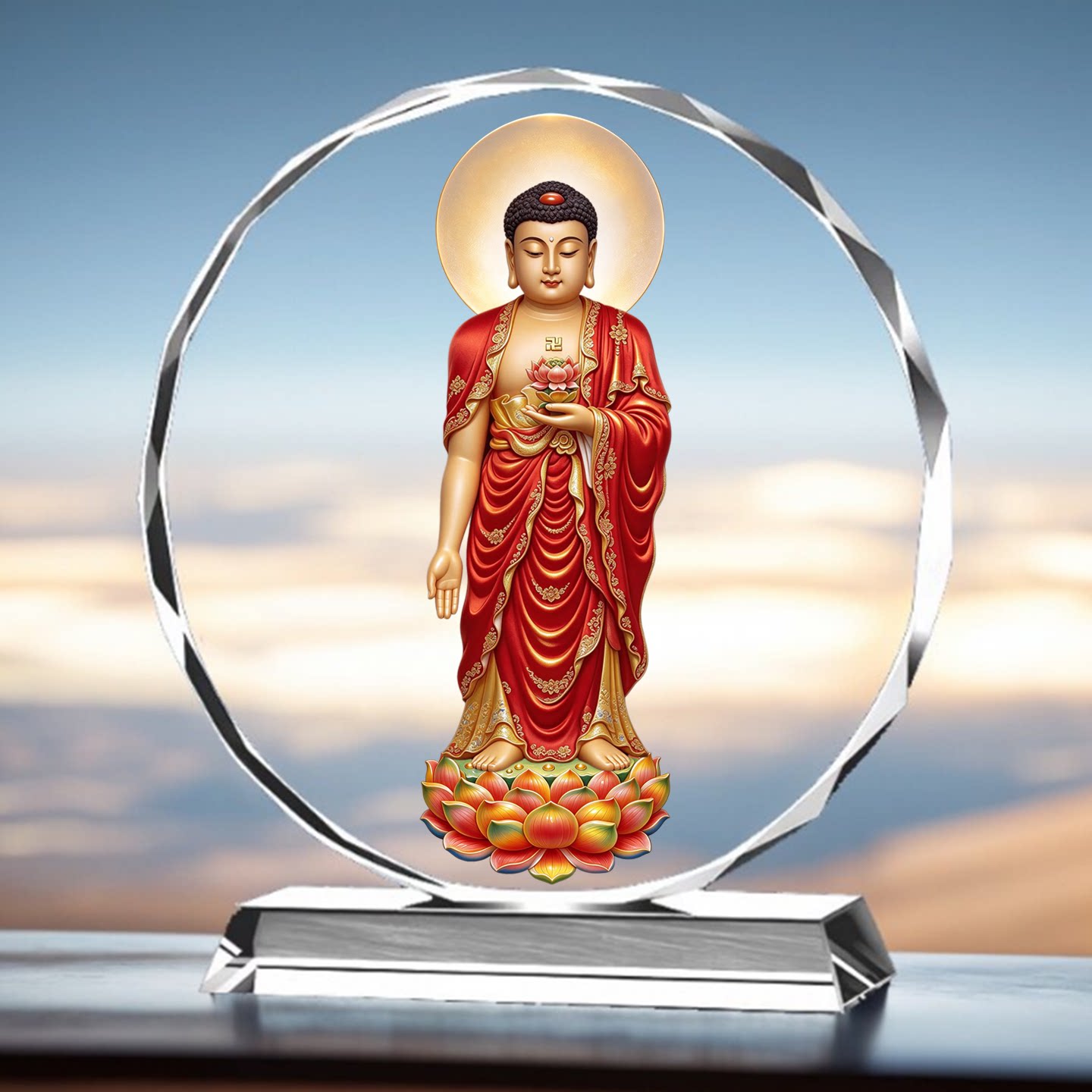 南无阿弥陀佛摆件红衣阿弥陀佛佛像家用佛堂供奉桌面发光水晶摆台