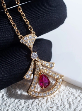 明星同款Diva大扇子小扇子扇形18k玫瑰金红宝石蓝宝石项链锁骨链