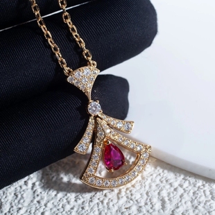 明星同款Diva大扇子小扇子扇形18k玫瑰金红宝石蓝宝石项链锁骨链