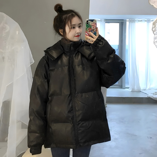 大码胖妹妹免洗PU皮棉服女冬季新款超好看小个子连帽加厚棉衣外套