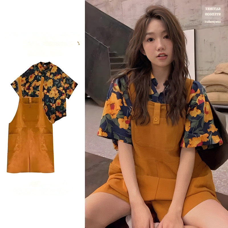 可爱减龄背带短裤女夏季盐系小个子一整套宽松显瘦遮肉两件套套装