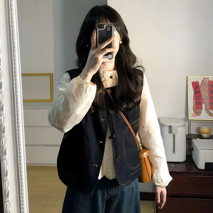 两件套 高级感宽松百搭衬衫 超好看复古学院风牛仔马甲女春秋季 新款