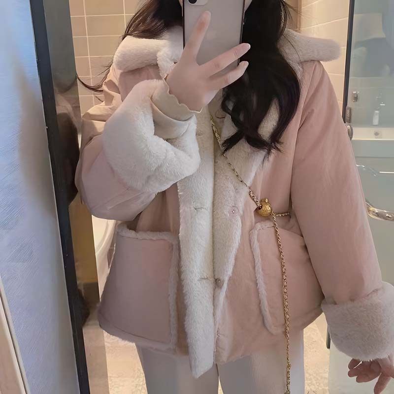 独特超好看两面穿羊羔毛外套女冬季新款小个子宽松学生加绒棉服短