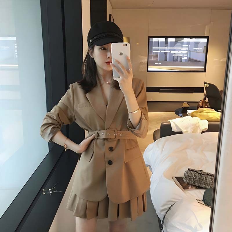 小香风女神范气质洋气减龄休闲时尚韩版西装百褶裙职业两件套装春