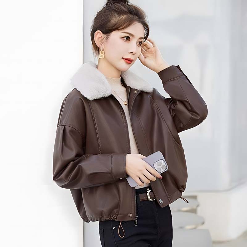 美拉德加绒保暖短款pu机车服夹克