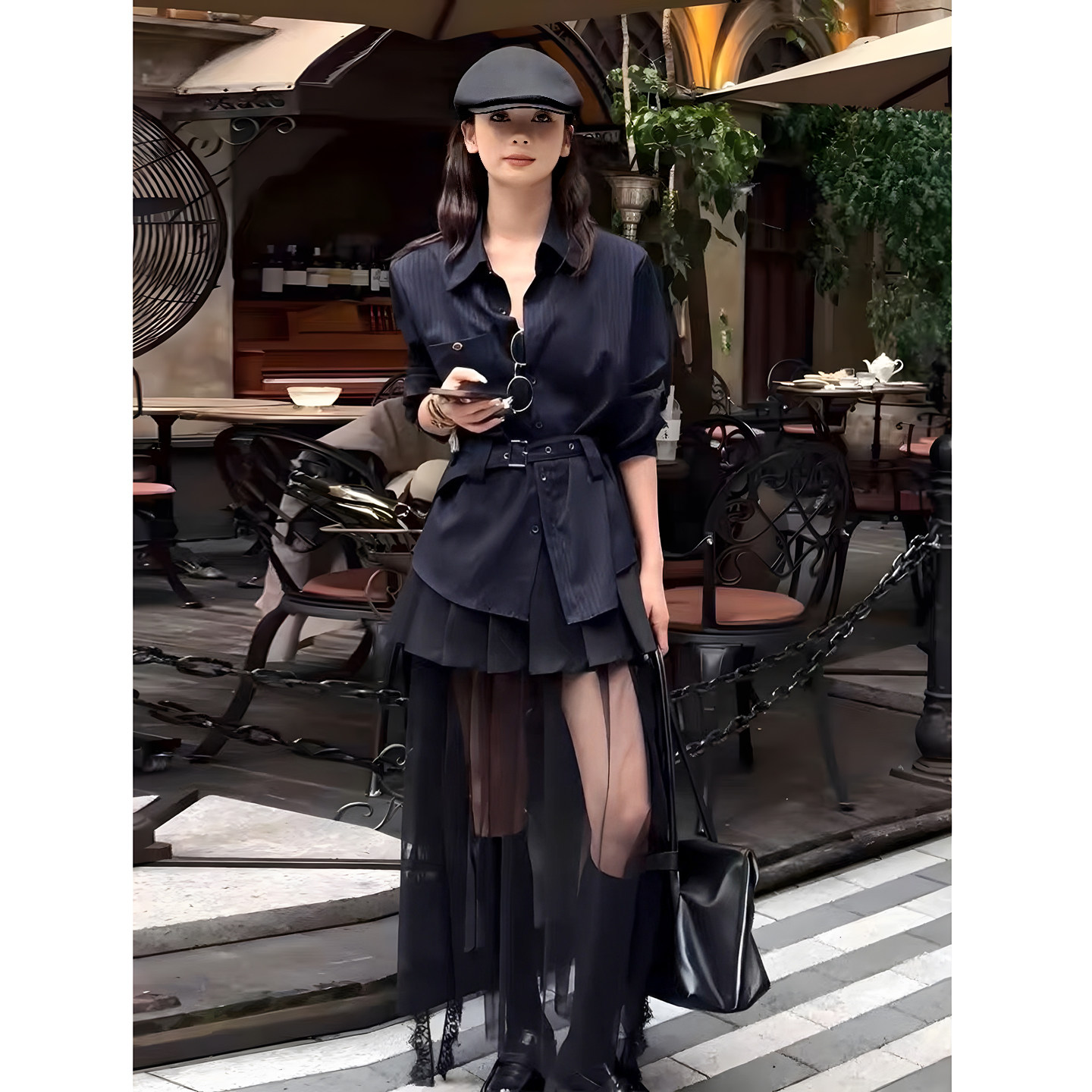独特漂亮绝美个性条纹衬衫套装女