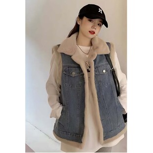 韩系高级感加绒保暖牛仔羊羔毛马甲女秋冬时尚小个子宽松坎肩外穿