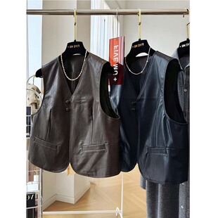 超火酷飒风无袖PU皮马甲女春秋新款高级感小众设计感叠穿坎肩马夹