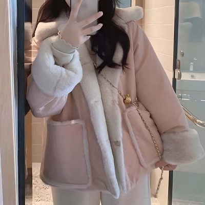 甜美可爱少女加绒加厚两面穿棉衣