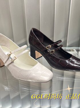 思加图2026春新款双带牛皮压纹粗跟浅口优雅玛丽珍鞋女单鞋EJD01