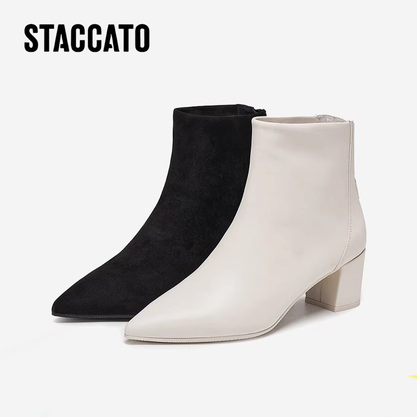 思加图2025新款气质通勤奶油靴时装靴黑色短靴粗跟女皮靴9S006DD5