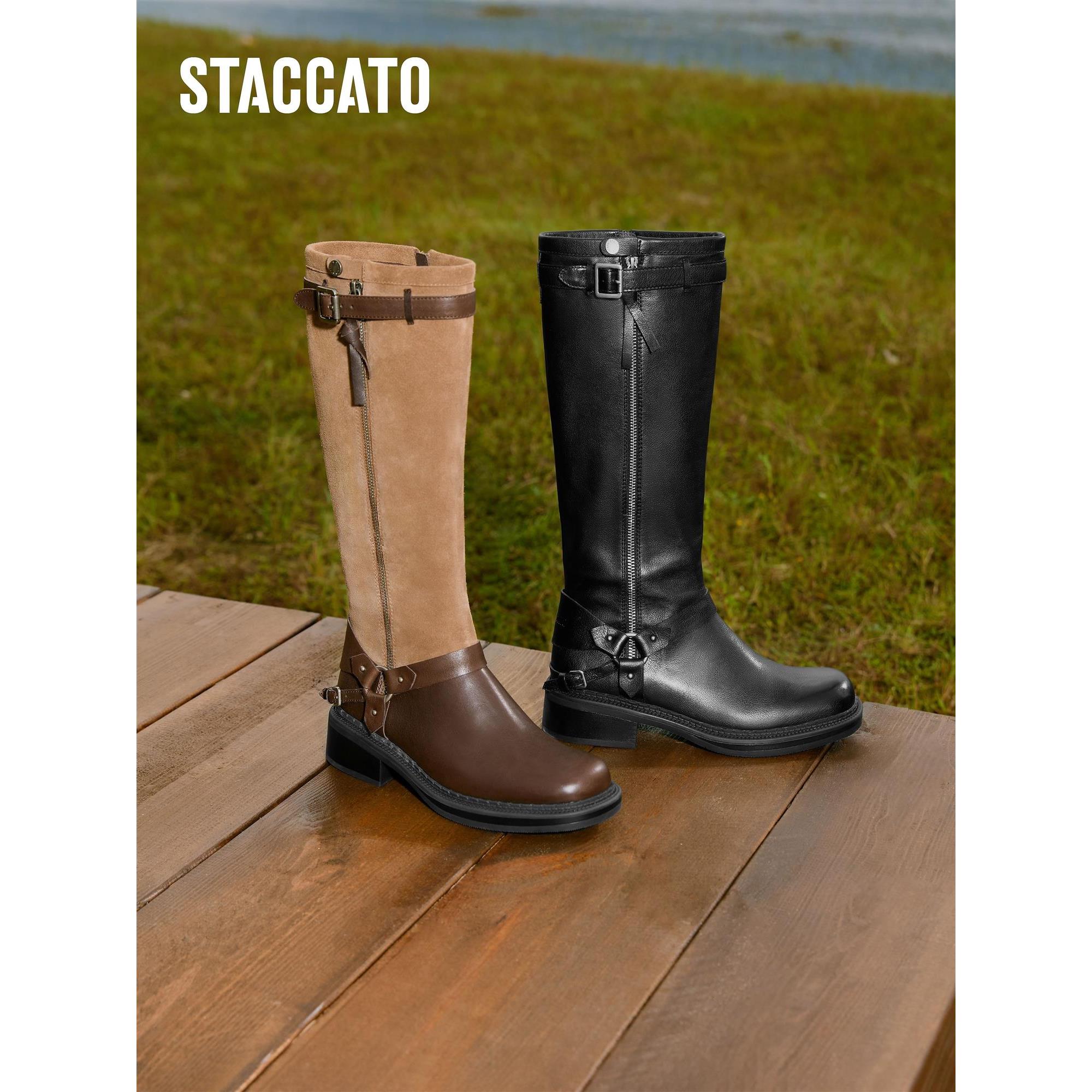 思加图2025新款东十街棕色复古骑士靴长靴时装靴粗跟女靴EIH04DG5