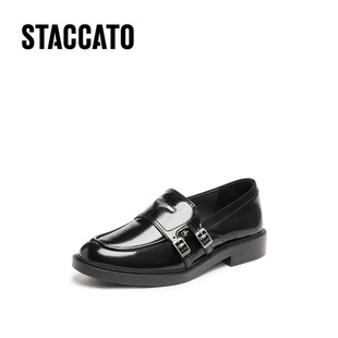 思加图2025新款 黑色小皮鞋 粗跟女鞋 EFI03CA5 圆舞海鸥英伦风乐福鞋