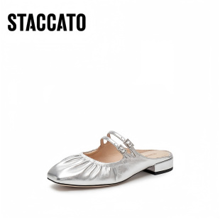 半拖一脚蹬女凉鞋 思加图2025春季 复古穆勒拖鞋 褶金鞋 EUE18AH5 新款