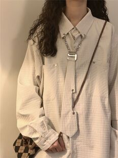 2024秋季新款美式复古玉米格长袖衬衣女潮情侣领带衬衫外套设计感