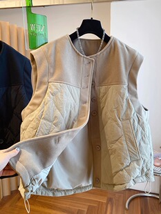 马夹外套 无袖 2023新款 欧货设计感宽松毛呢拼接卡其棉服上衣女冬季