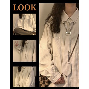 自制简约春秋美式复古玉米格长袖衬衣女潮情侣领带衬衫外套设计感