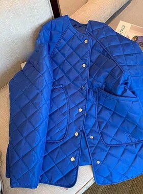 蓝色棉服女中长款加厚韩版宽松菱格形高级感气质棉袄棉衣冬季外套