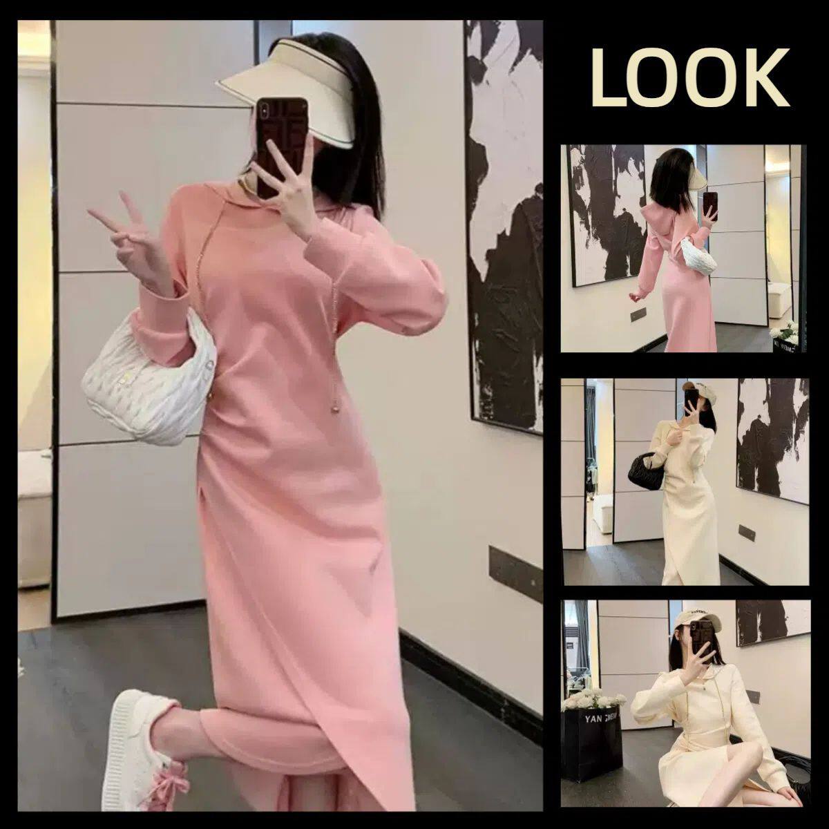 法式气质开叉连帽休闲卫衣裙女2024春秋季新款修身中长包臀连衣裙