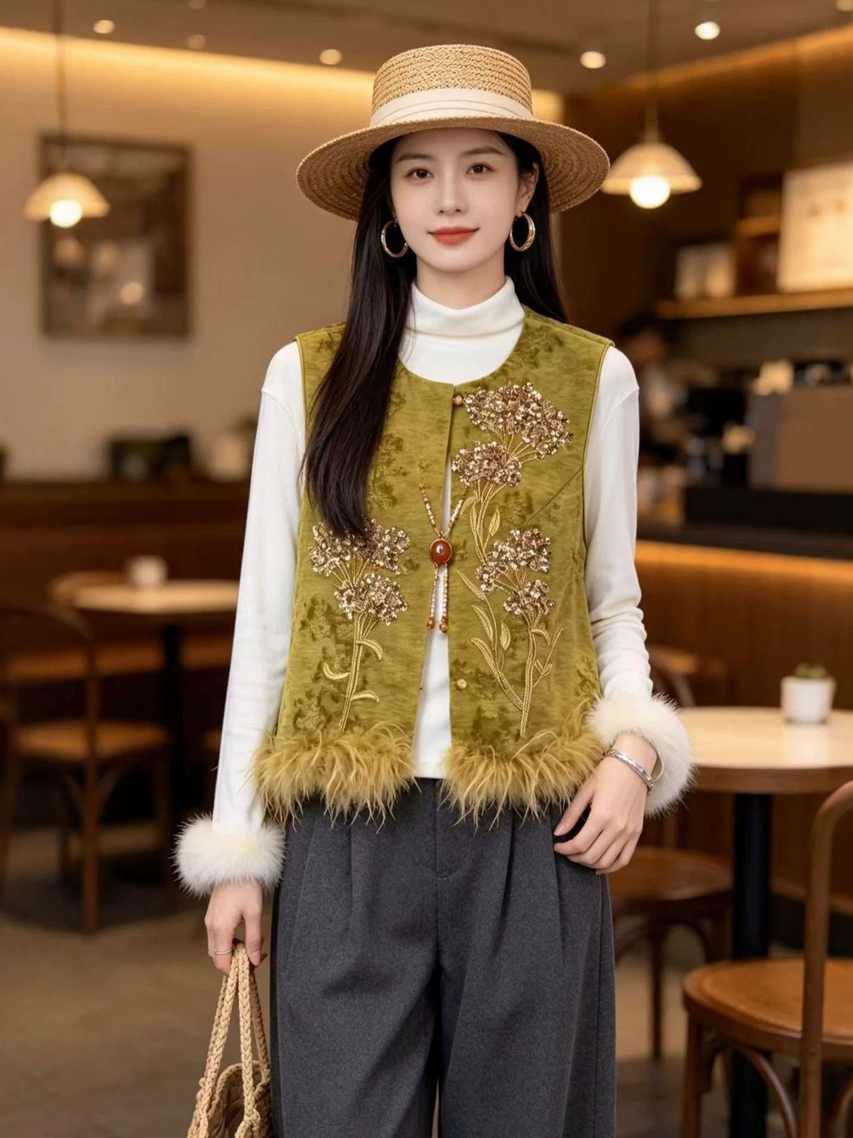新中式国风女装手工钉珠刺绣拼接鸵鸟毛马甲复古加棉无袖上衣马夹