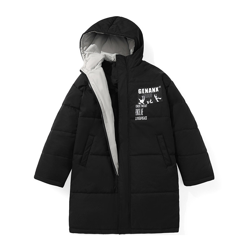 正品闪电潮牌genanx字母贴布涂鸦连帽中长款棉服男女同款黑色简约