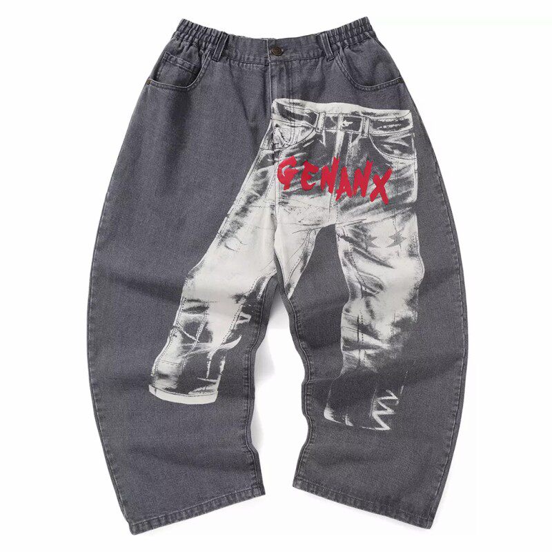 正品授权genanx长裤简约英文印花宽松直筒牛仔裤松紧腰个性趣味男