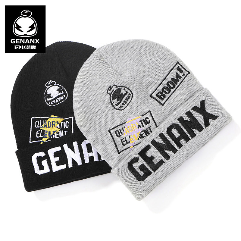 GENANX闪电潮牌冷帽情侣款英文字母图案绣花圆顶包头保暖针织帽男