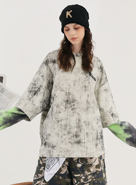 GENANX闪电潮牌2025秋季新款灰色复古假两件麂皮绒长袖情侣卫衣男