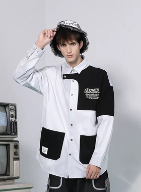 GENANX闪电潮牌不规则长袖衬衣男黑灰色异料拼接暗纹印单排扣衬衫