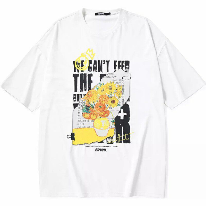 正品授权GENANX小雏菊艺术插花英文印花短袖T恤纯棉男女同款情侣