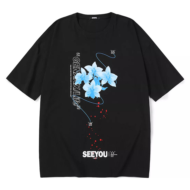 正品授权genanx泼墨花朵英文印花落肩袖纯棉短袖t恤情侣款五分袖