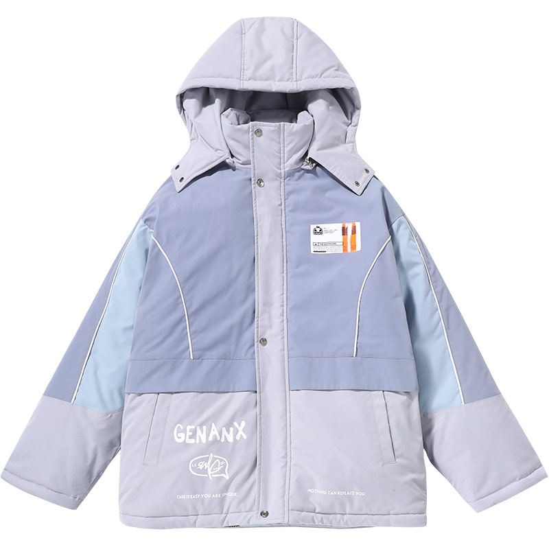 GENANX闪电潮牌情侣棉衣冬装可拆卸帽印花连帽棉服休闲上衣外套男
