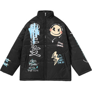 GENANX闪电潮牌情侣棉衣冬季手绘泼墨印花设计立领百搭棉服外套潮