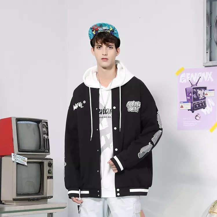 GENANX闪电潮牌街头漫画风棒球服外套男新款Vibe风棒球领情侣夹克