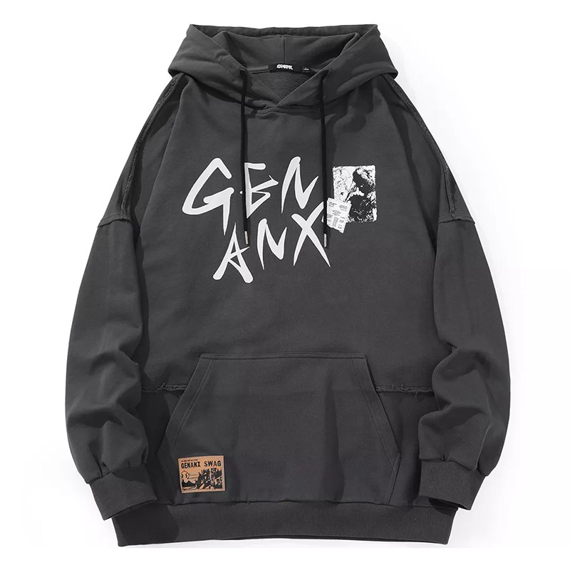 GENANX闪电潮牌连帽卫衣春秋薄款涂鸦泼墨字母印花纯棉上衣帽衫男