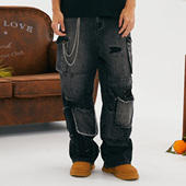 GENANX闪电潮牌2025夏季 子潮流嘻哈街舞宽松黑色男牛仔裤 新品 长裤