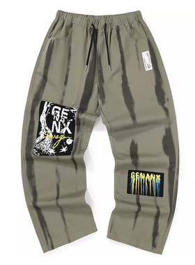 GENANX国潮直筒休闲裤军绿色工装风宽松涂鸦印花嘻哈贴布裤子男