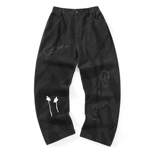 GENANX闪电潮牌男士牛仔裤喷漆字母印花潮流街头穿搭宽松直筒长裤